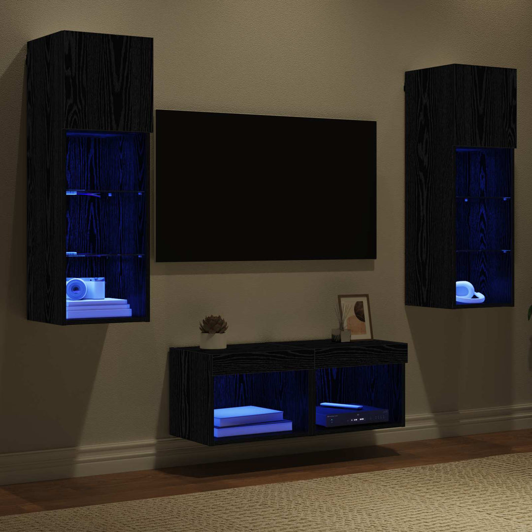 TV Væghylder med LED -strimmellys 4 pcs Sort eg Konstrueret træ