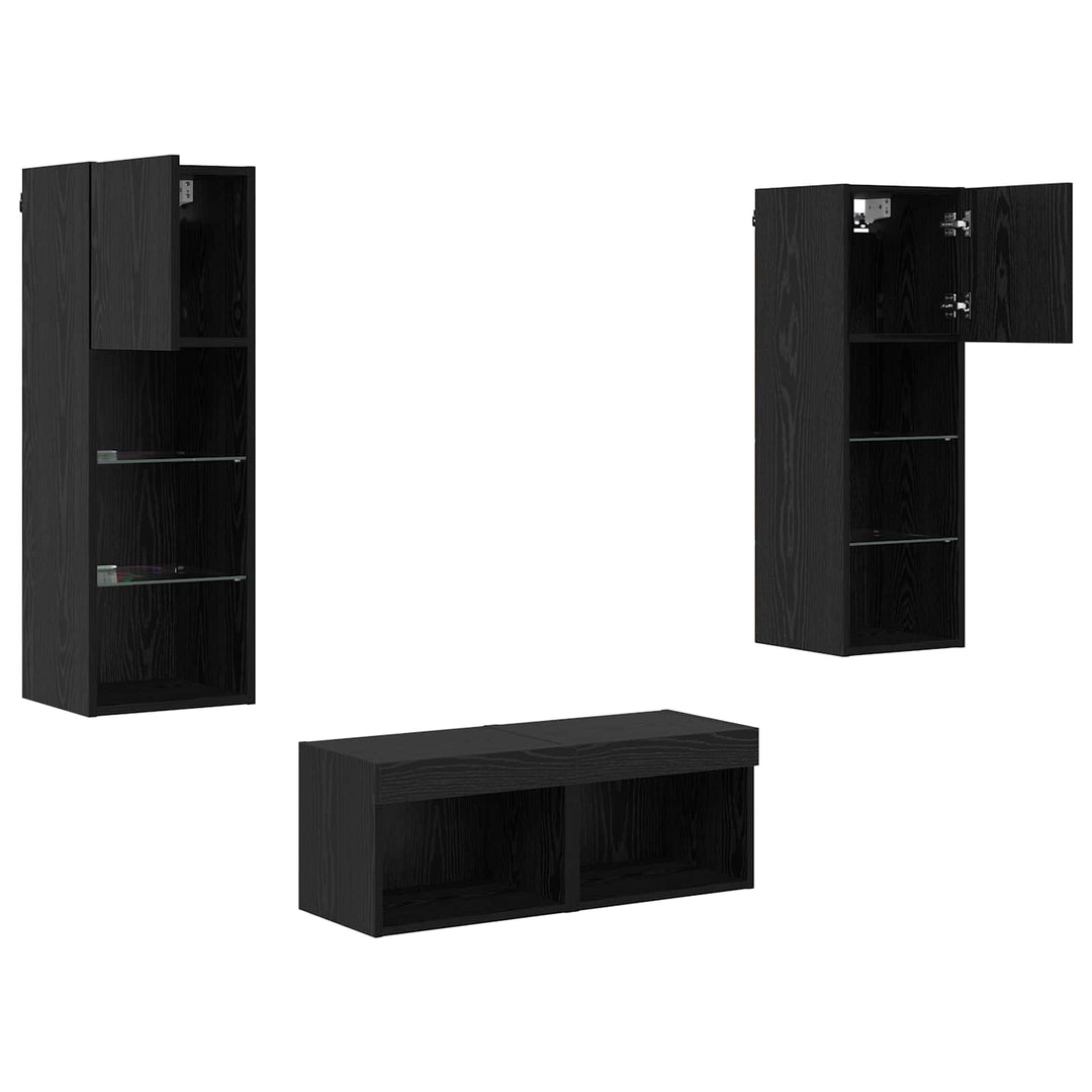 TV Væghylder med LED -strimmellys 4 pcs Sort eg Konstrueret træ