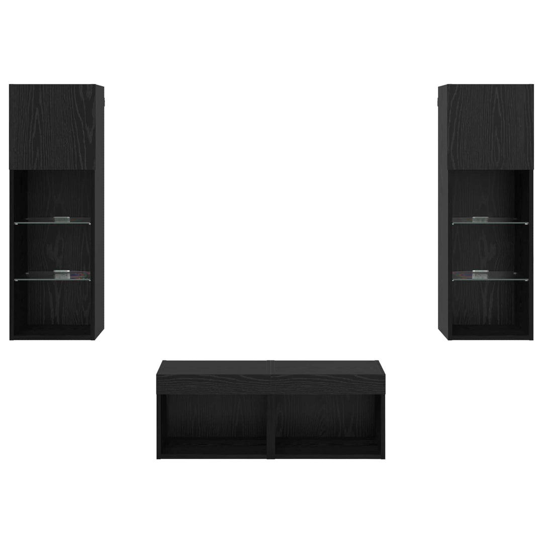 TV Væghylder med LED -strimmellys 4 pcs Sort eg Konstrueret træ