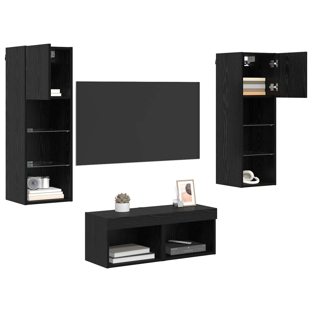 TV Væghylder med LED -strimmellys 4 pcs Sort eg Konstrueret træ