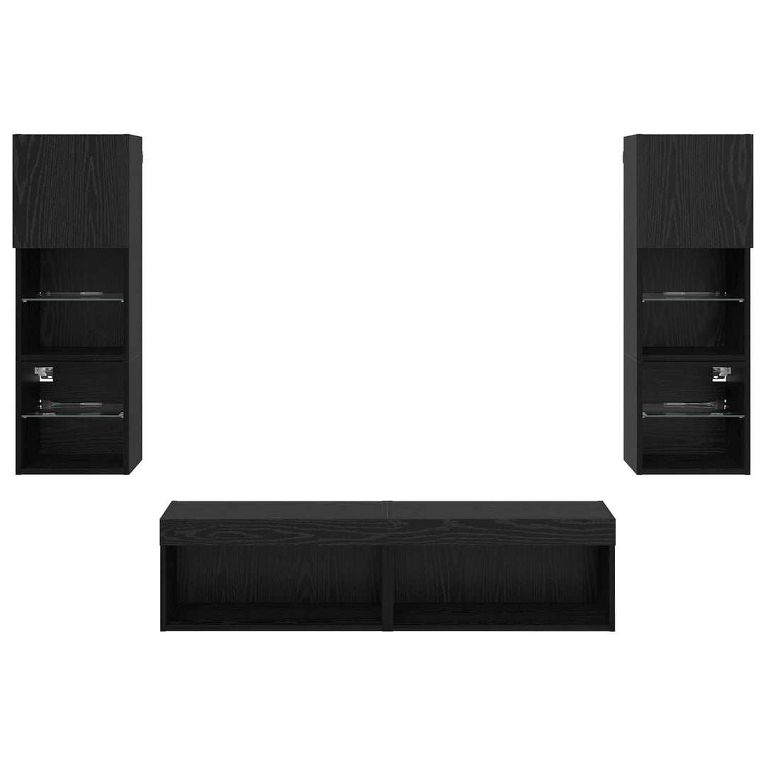 TV Væg Enhed med LED -strimmellys 6 pcs Sort eg Konstrueret træ