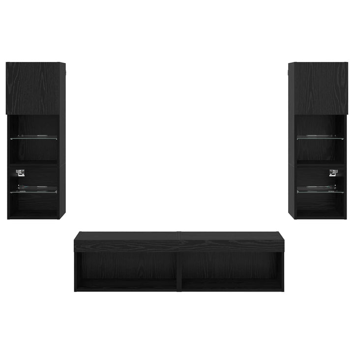 TV Væg Enhed med LED -strimmellys 6 pcs Sort eg Konstrueret træ