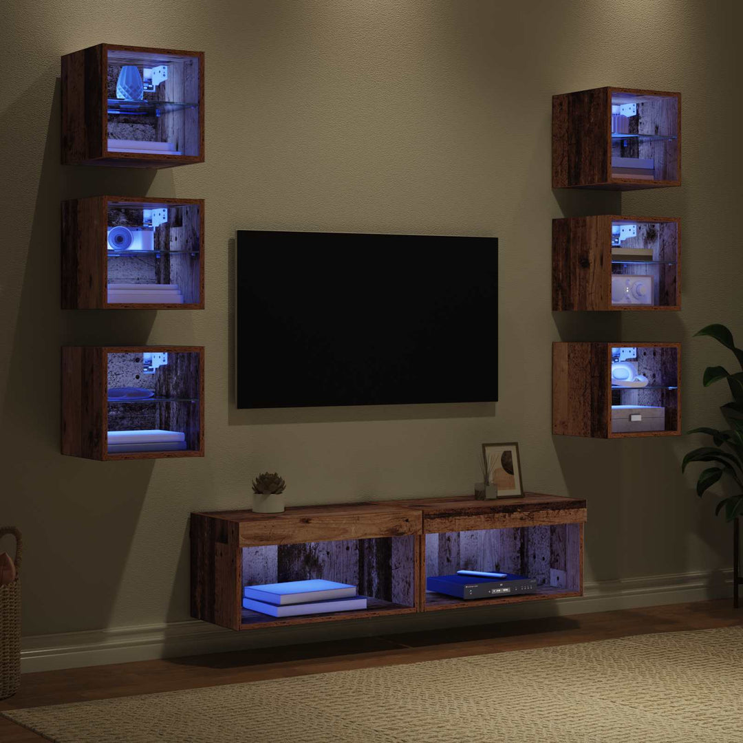 TV-skab med LED -strimmellys med skuffe 8 pcs Gammelt træ Glas