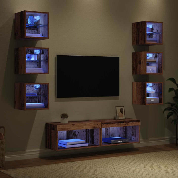 TV-skab med LED -strimmellys med skuffe 8 pcs Gammelt træ Glas