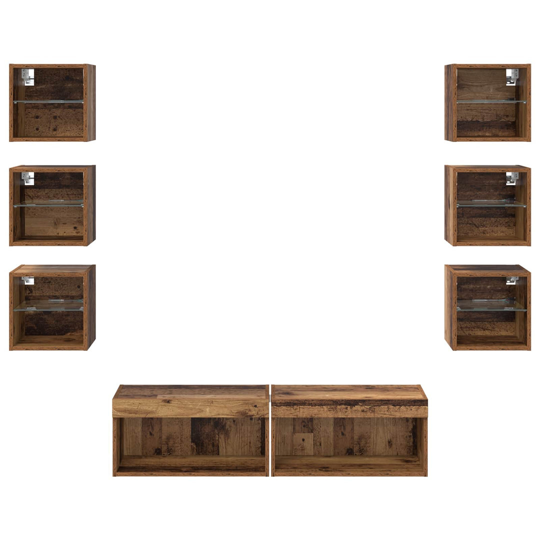 TV-skab med LED -strimmellys med skuffe 8 pcs Gammelt træ Glas