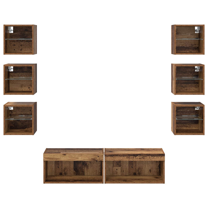 TV-skab med LED -strimmellys med skuffe 8 pcs Gammelt træ Glas