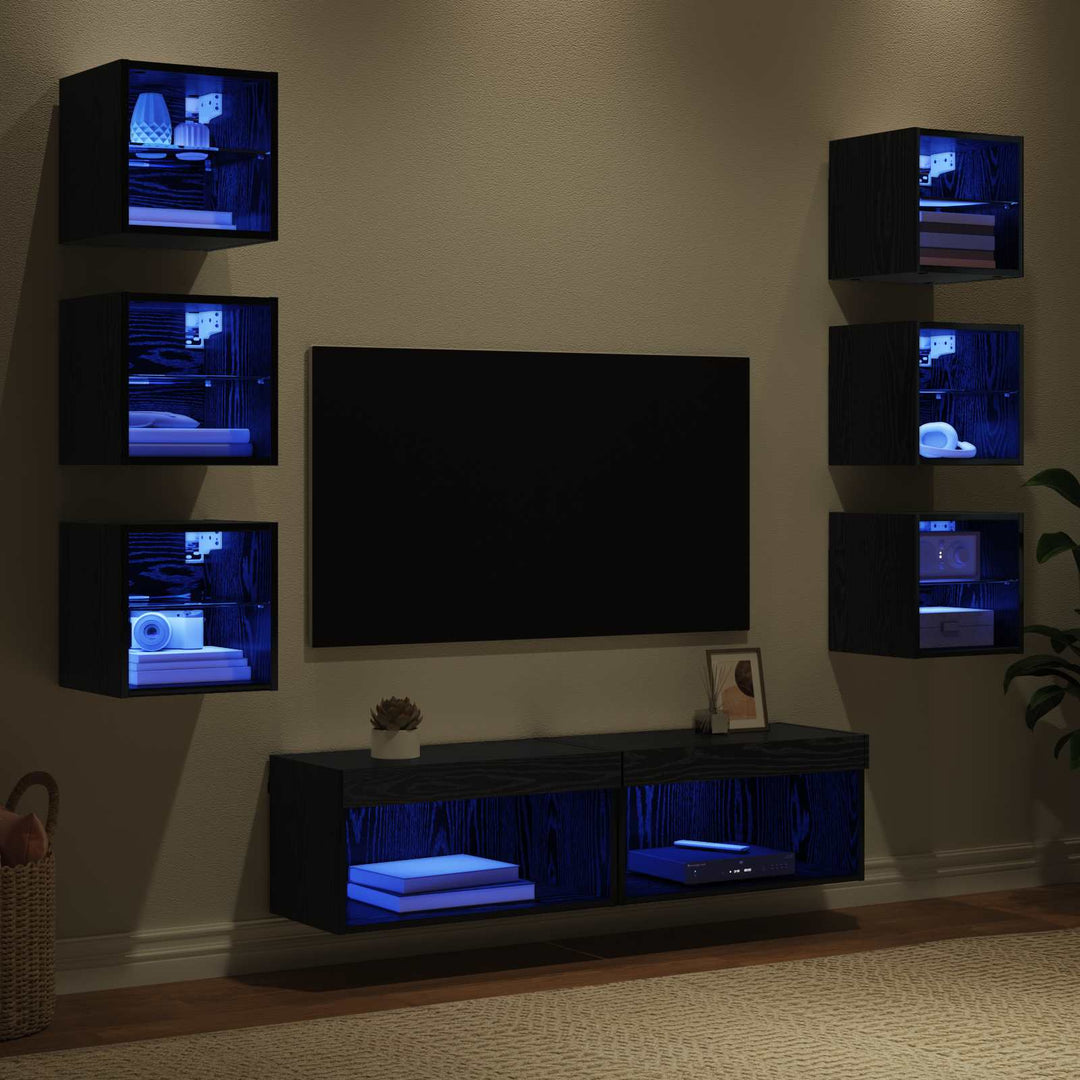 TV-skab med LED -strimmellys med skuffe 8 pcs Sort eg Glas