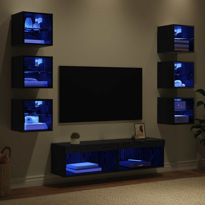 TV-skab med LED -strimmellys med skuffe 8 pcs Sort eg Glas