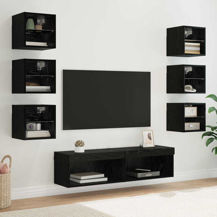TV-skab med LED -strimmellys med skuffe 8 pcs Sort eg Glas