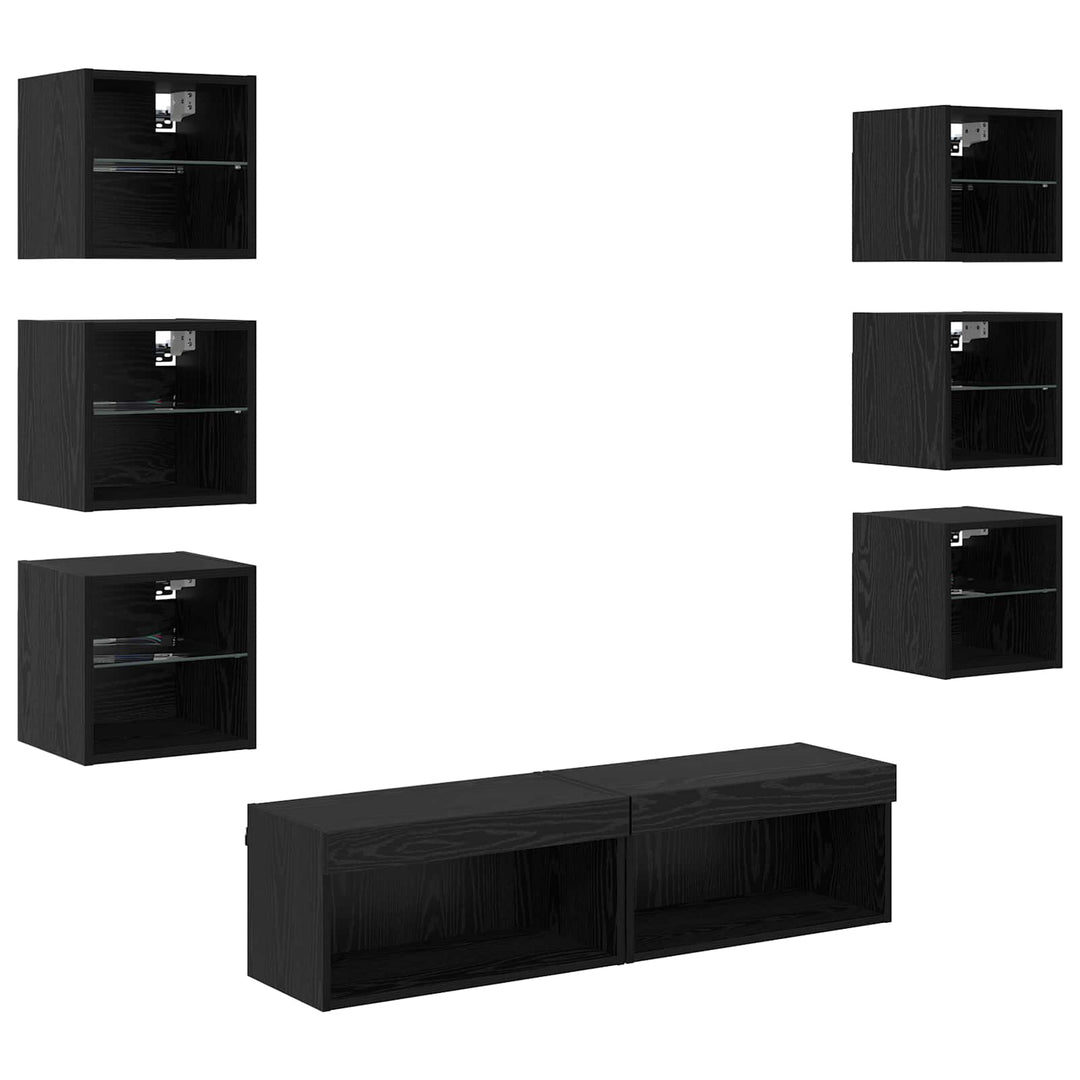 TV-skab med LED -strimmellys med skuffe 8 pcs Sort eg Glas