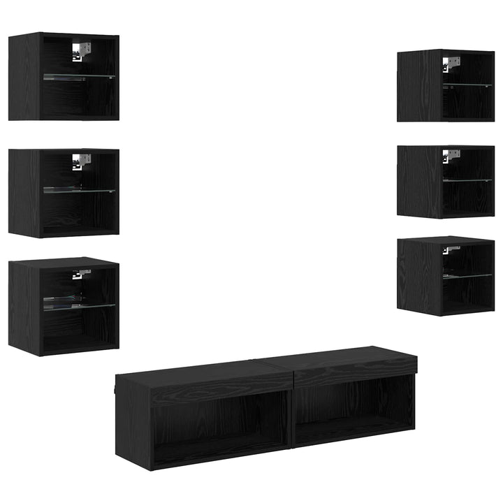 TV-skab med LED -strimmellys med skuffe 8 pcs Sort eg Glas
