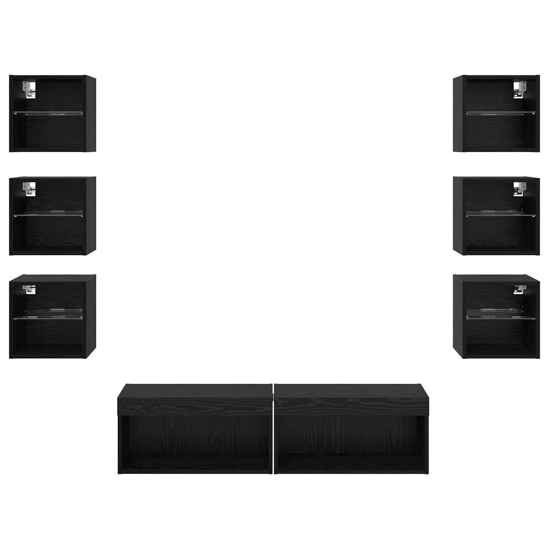 TV-skab med LED -strimmellys med skuffe 8 pcs Sort eg Glas
