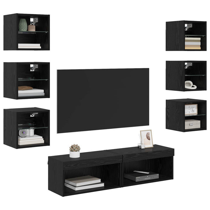 TV-skab med LED -strimmellys med skuffe 8 pcs Sort eg Glas