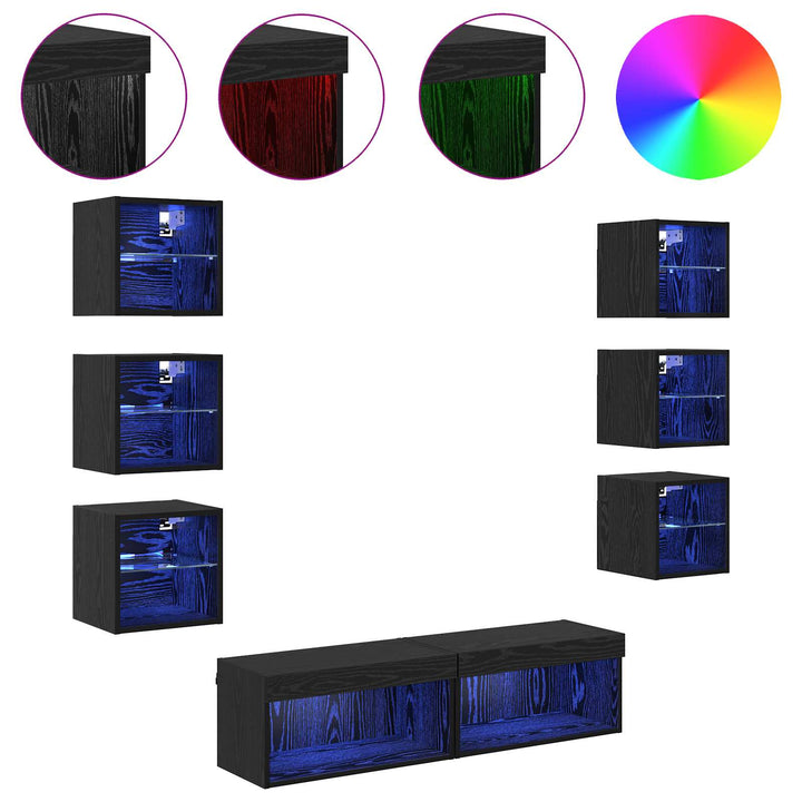 TV-skab med LED -strimmellys med skuffe 8 pcs Sort eg Glas