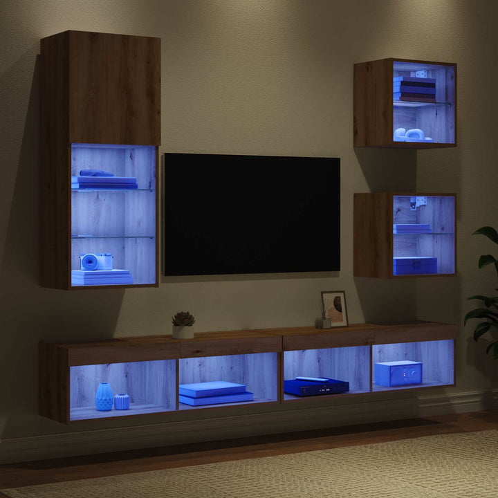 TV vægenheder med LED 5 pcs Artisan Egetræ 100 x 30 x 30 cm