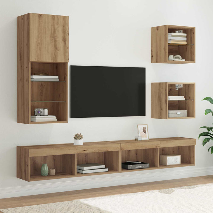 TV vægenheder med LED 5 pcs Artisan Egetræ 100 x 30 x 30 cm