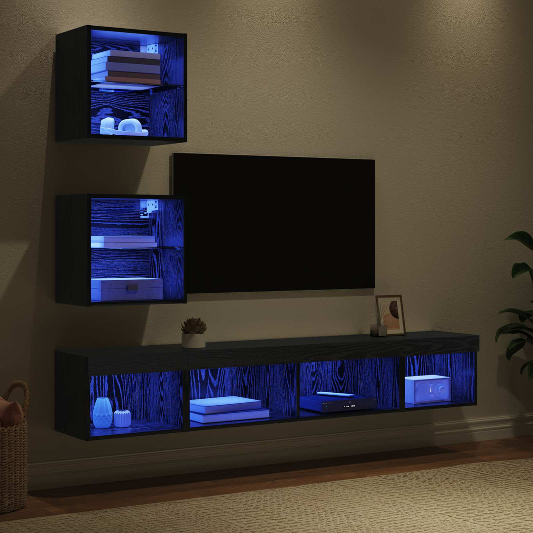 TV vægenheder med LED med LED 5 pcs Sort eg Konstrueret træ