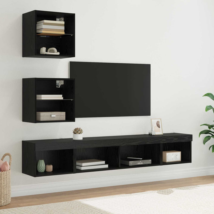 TV vægenheder med LED med LED 5 pcs Sort eg Konstrueret træ