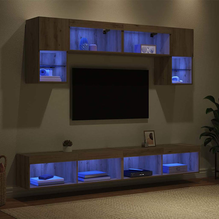 TV vægenheder med LED 6 pcs Artisan Egetræ Konstrueret træ
