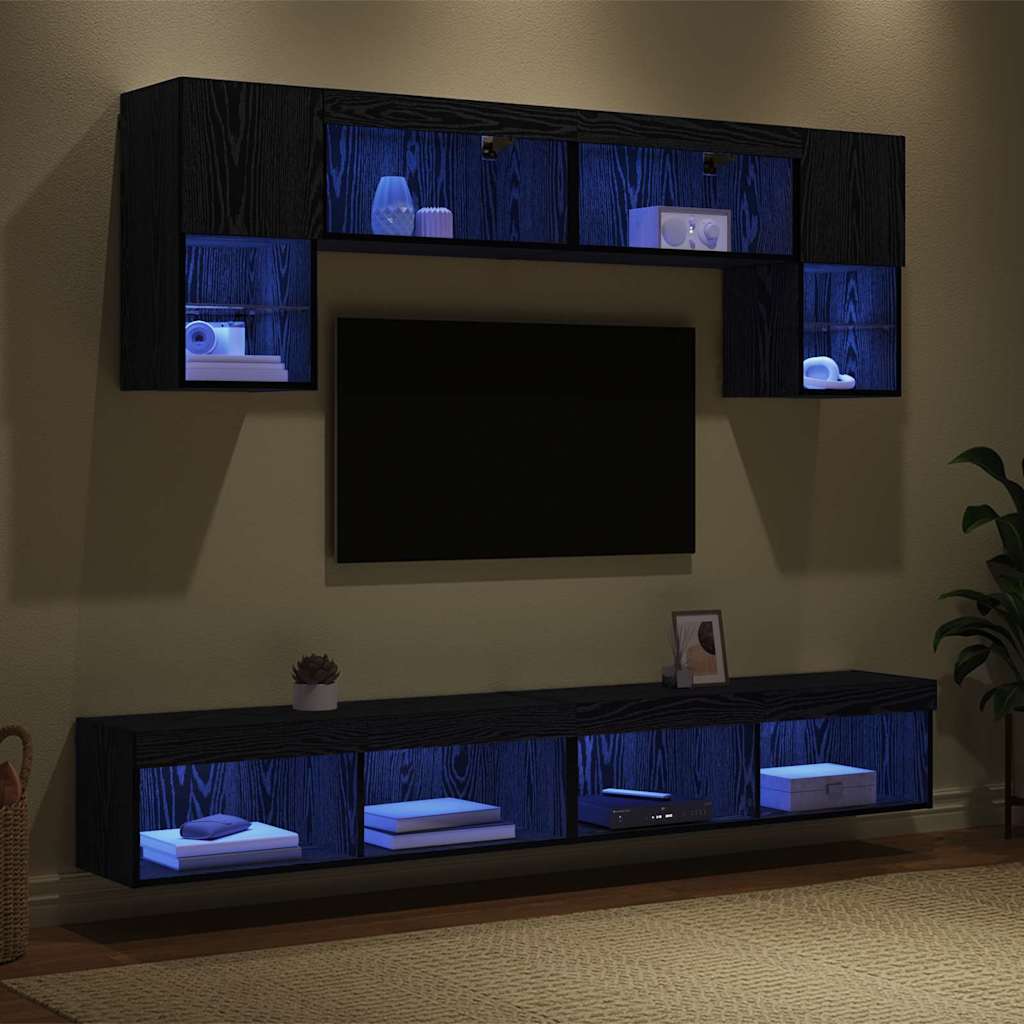 TV vægenheder med LED 6 pcs Sort eg Konstrueret træ