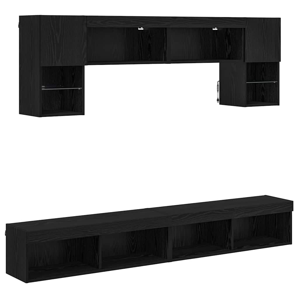 TV vægenheder med LED 6 pcs Sort eg Konstrueret træ