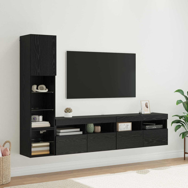 TV Væg Enhed med LED Vægmonteret 4 pcs Sort eg Konstrueret træ