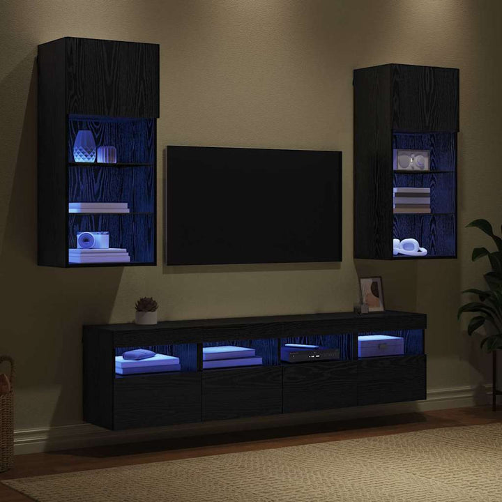 TV vægenheder med LED 5 pcs Sort eg 40,5 x 30 x 90 cm