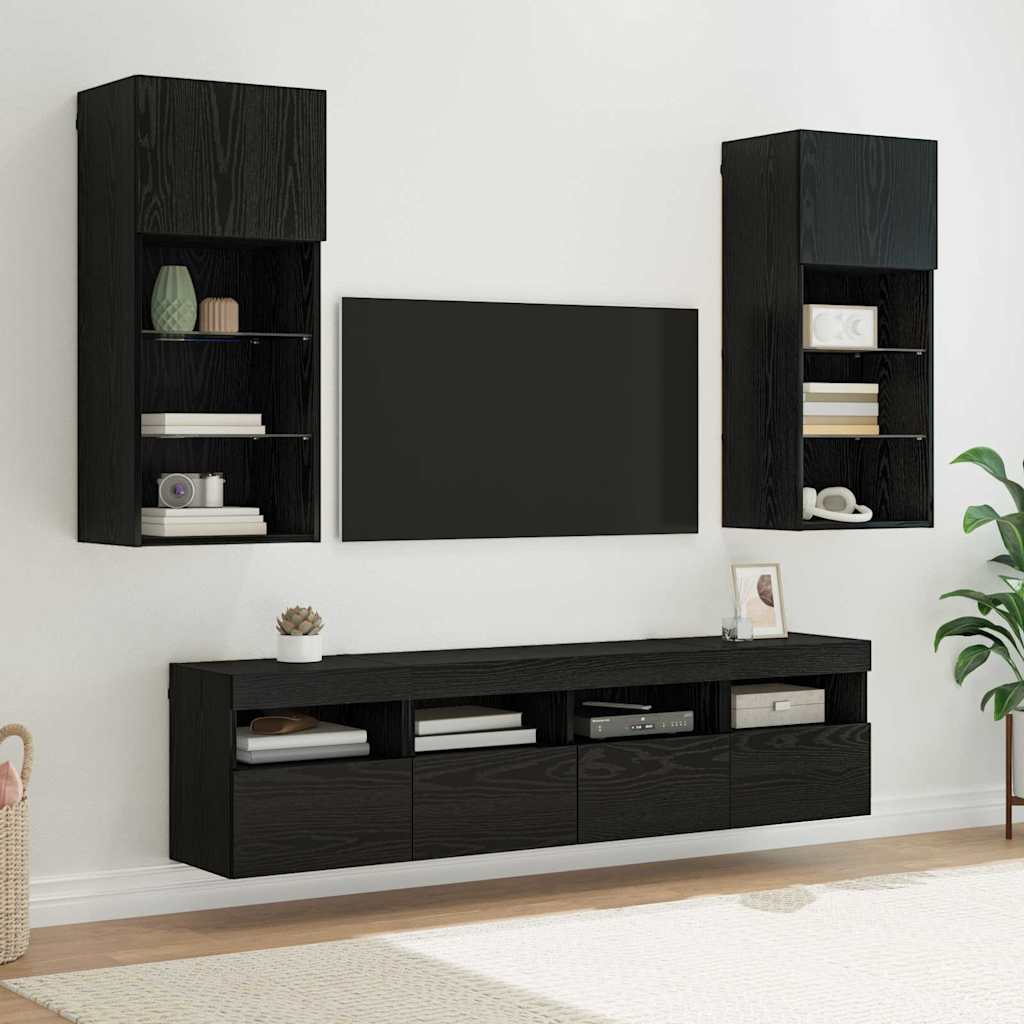 TV vægenheder med LED 5 pcs Sort eg 40,5 x 30 x 90 cm