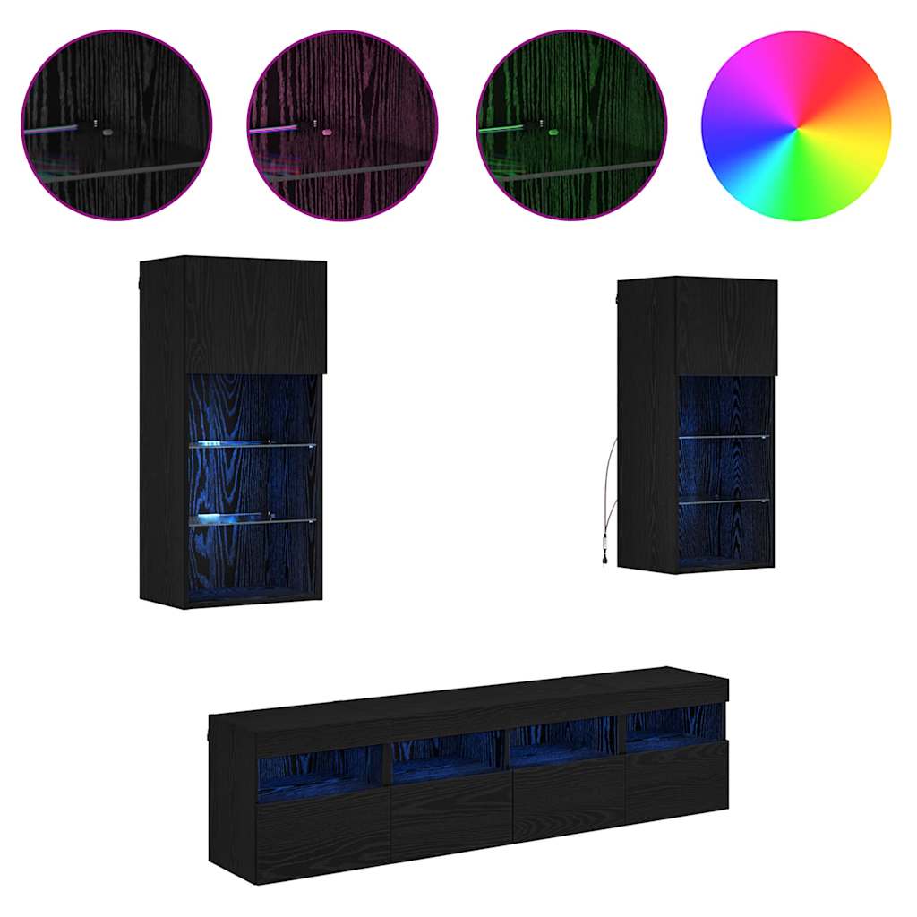 TV vægenheder med LED 5 pcs Sort eg 40,5 x 30 x 90 cm
