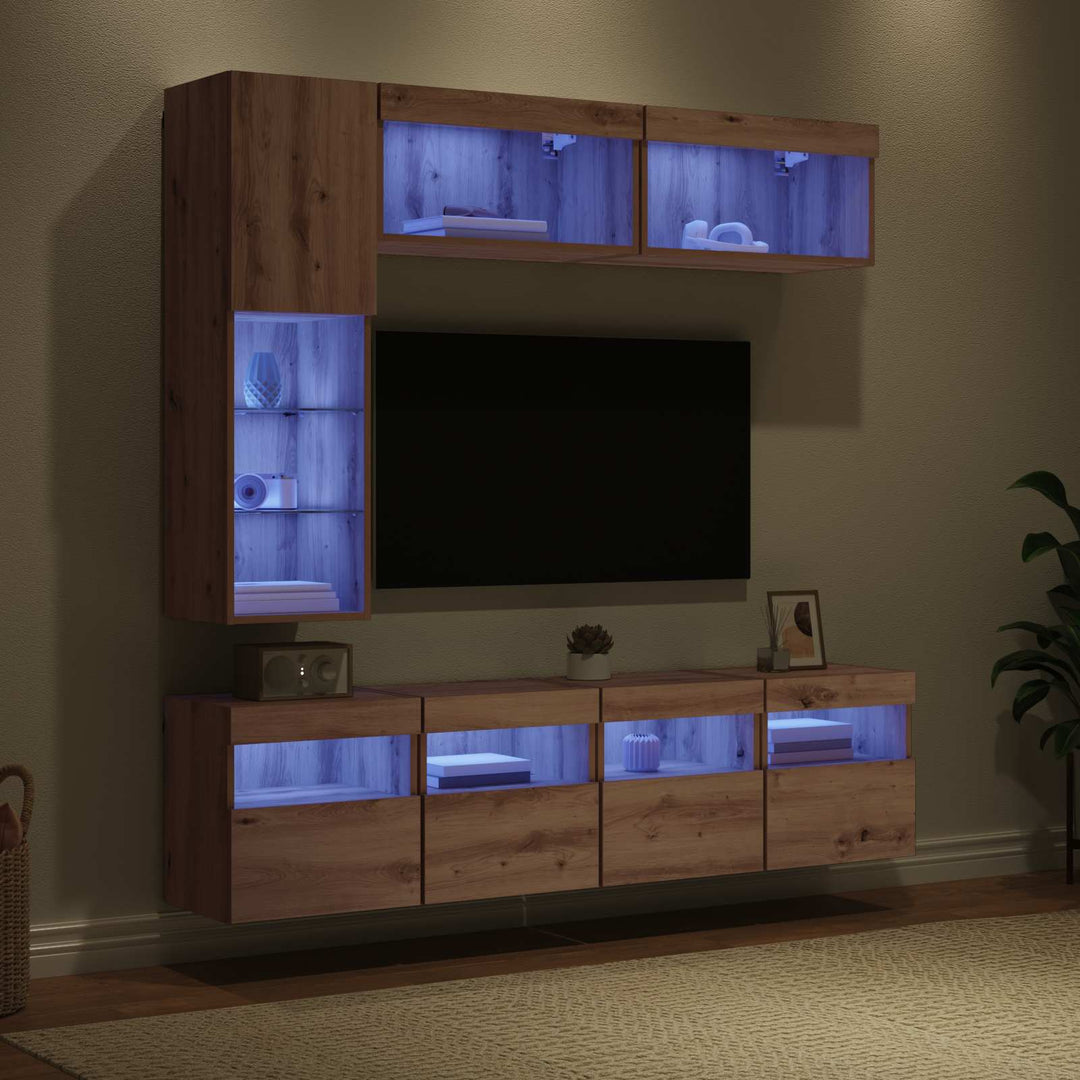 TV-skab med LED 7 pcs Artisan Egetræ Konstrueret træ