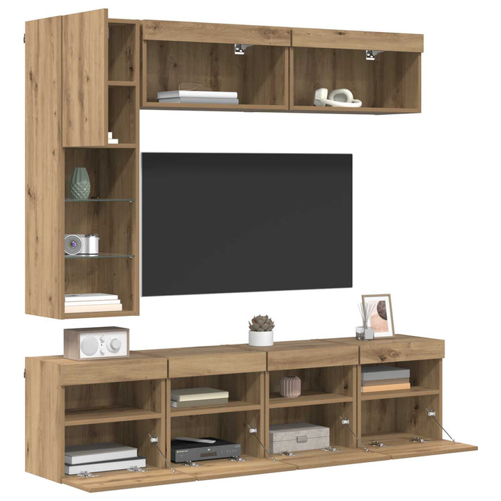 TV-skab med LED 7 pcs Artisan Egetræ Konstrueret træ