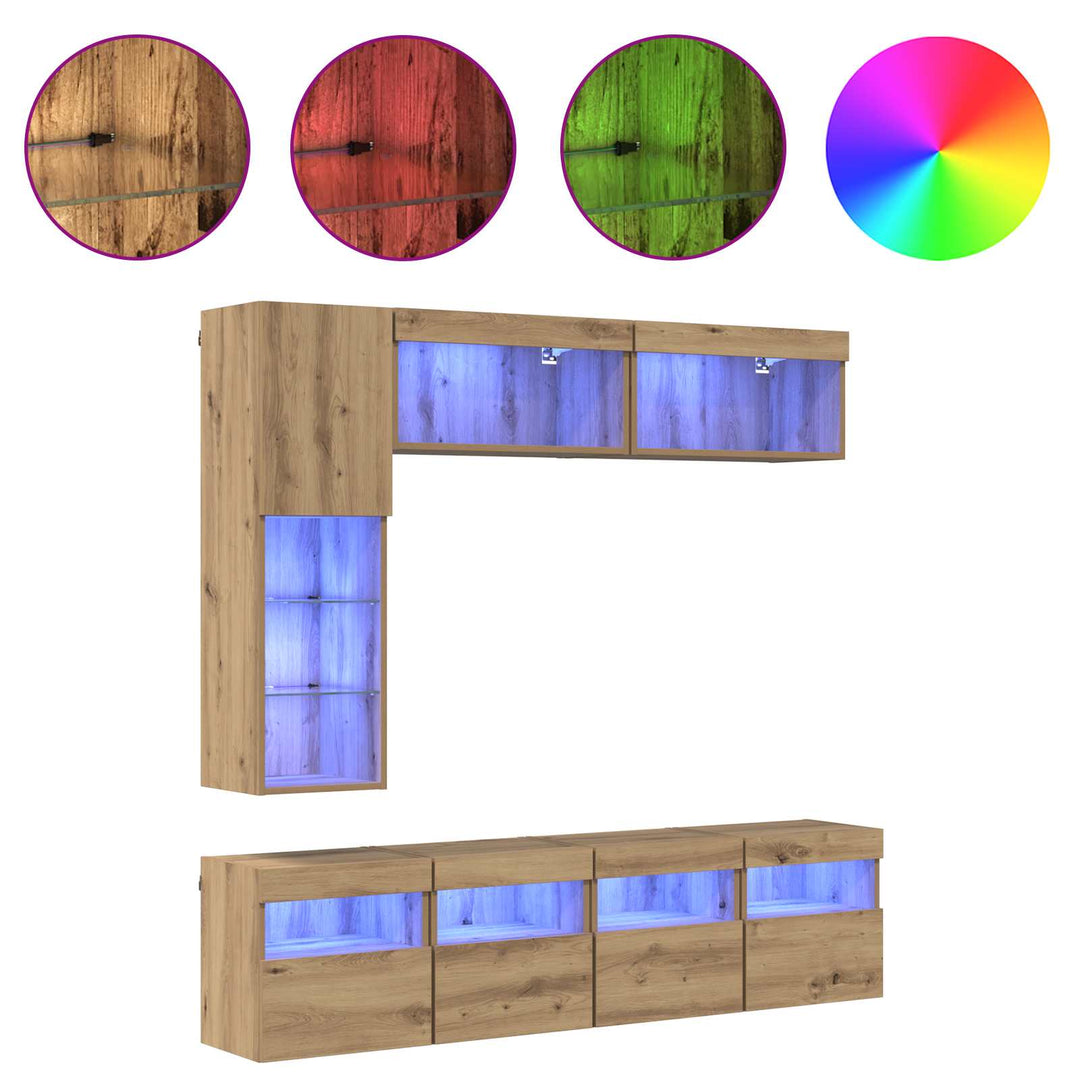 TV-skab med LED 7 pcs Artisan Egetræ Konstrueret træ