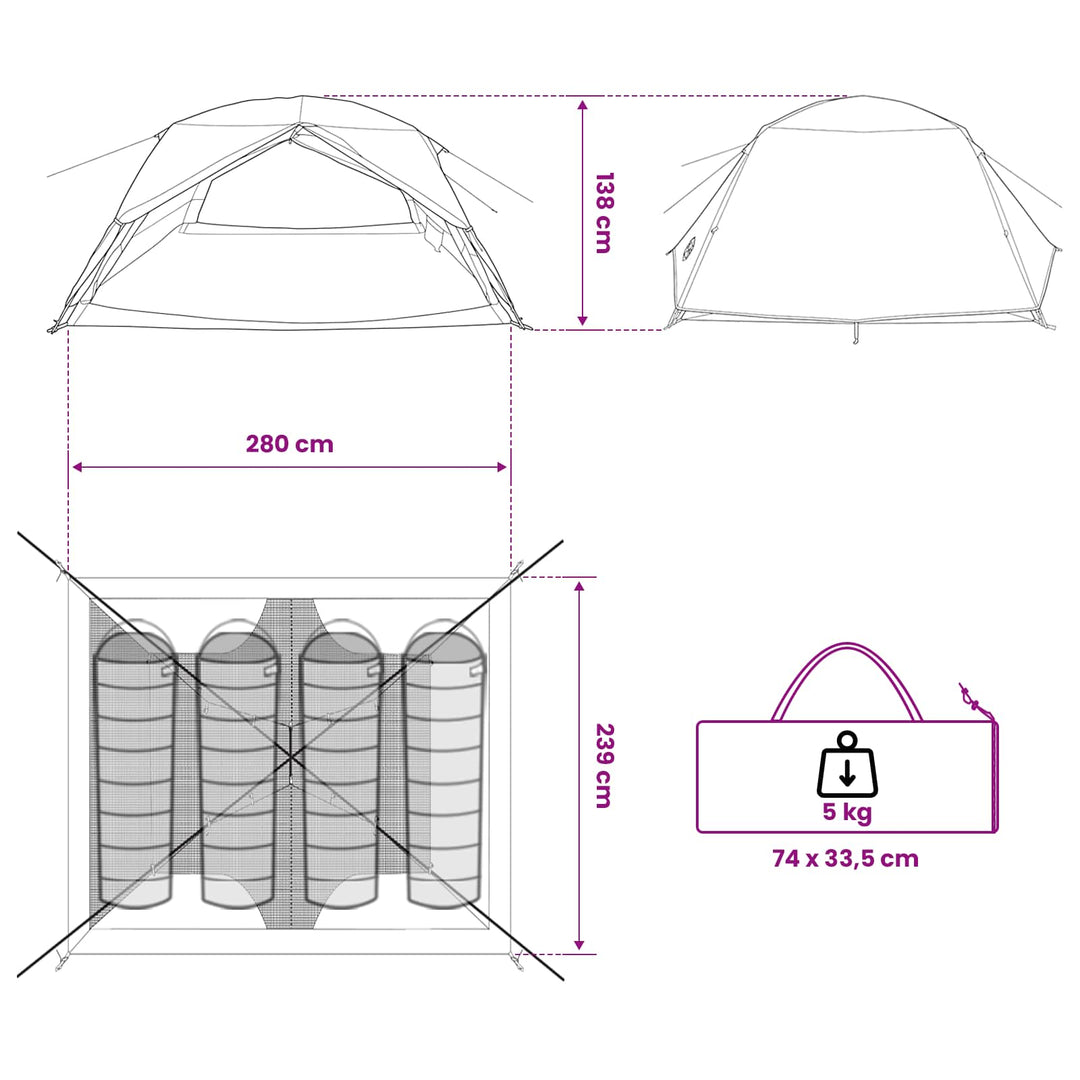 Backpacking Telt Grøn 4-personers 185T Polyester med PU Coating