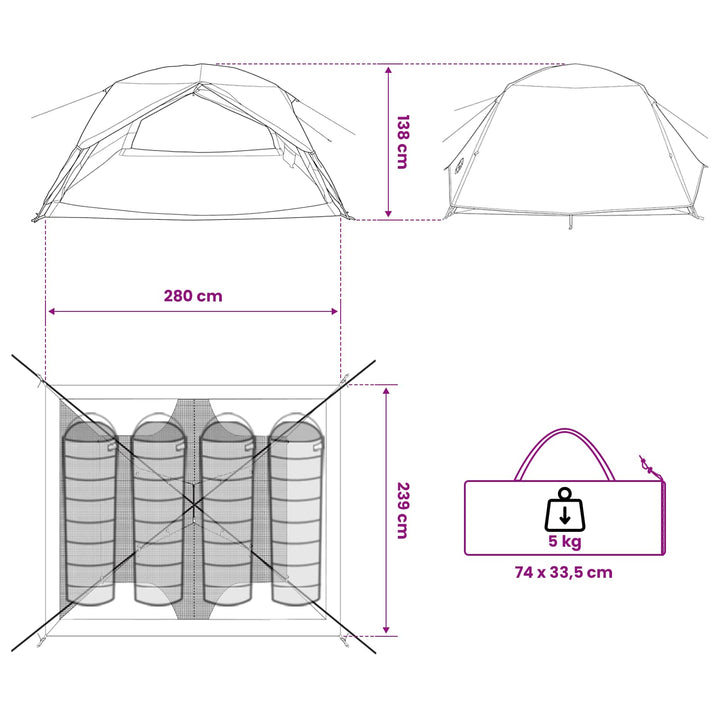 Backpacking Telt Blå 4-personers 185T Polyester med PU Coating
