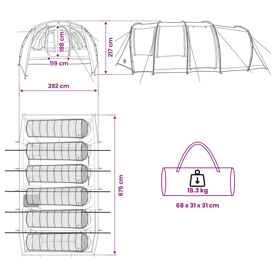 Tunneltelt Blå 675 x 392 x 210 cm 185T Polyester med PU Coating