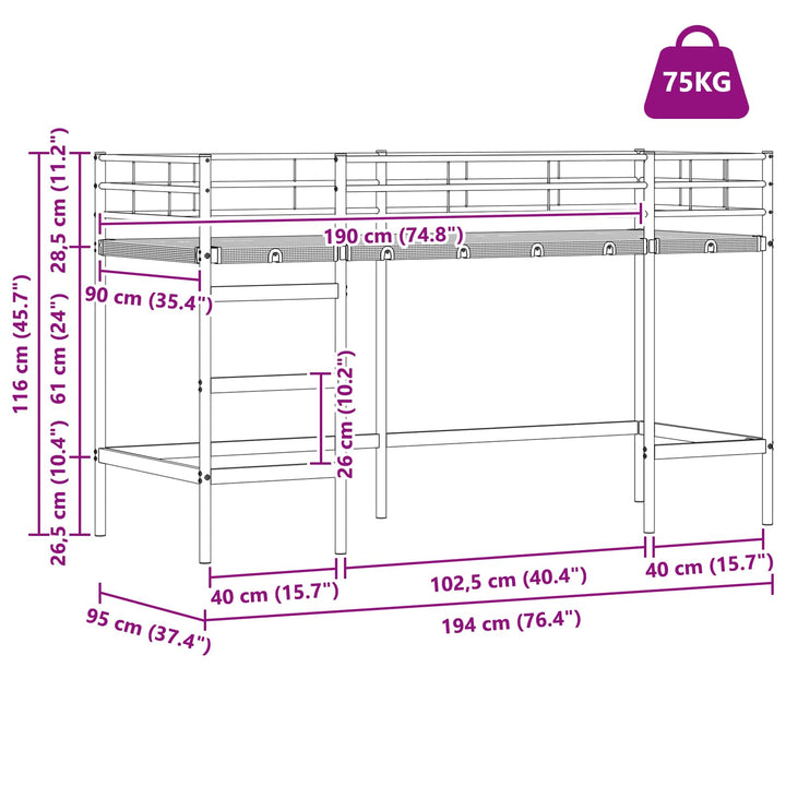 Børns Loft Seng Ramme Sort 90 x 190 cm Stål