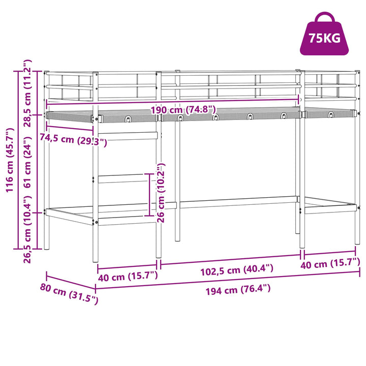 Børns Loft Seng Ramme Hvid 74,5 x 190 cm Stål