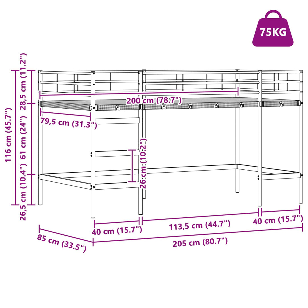 Børns Loft Seng Ramme Hvid 79,5 x 200 cm Stål