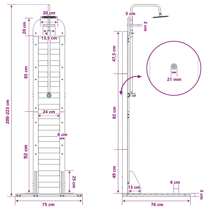 Udendørs bruser 223 cm Massivt fyrretræ og rustfrit stål Hvid