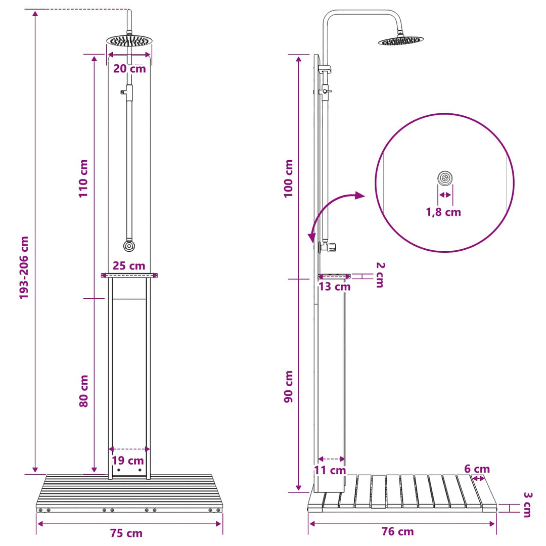 Udendørs bruser 206 cm Massivt fyrretræ og rustfrit stål