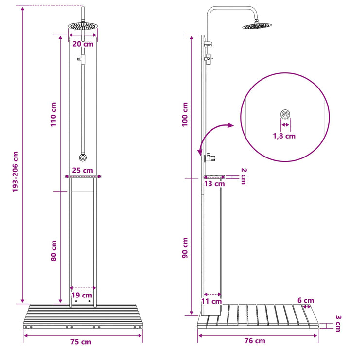 Udendørs bruser 206 cm Massivt fyrretræ og rustfrit stål