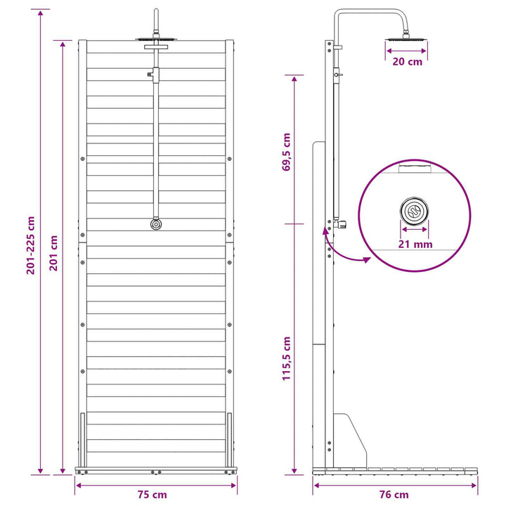 Udendørs bruser 225 cm Massivt fyrretræ og rustfrit stål