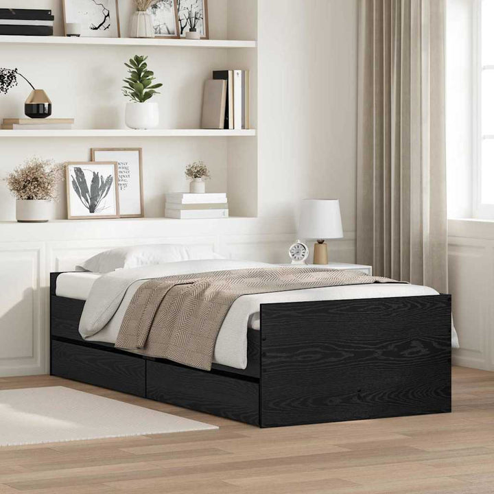 Sengestel med skuffe Sort eg 100 x 200 cm Massiv fyrretræ
