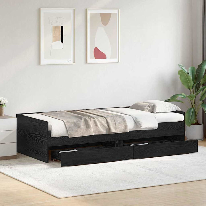 Sengestel med skuffe Sort eg 100 x 200 cm Massiv fyrretræ