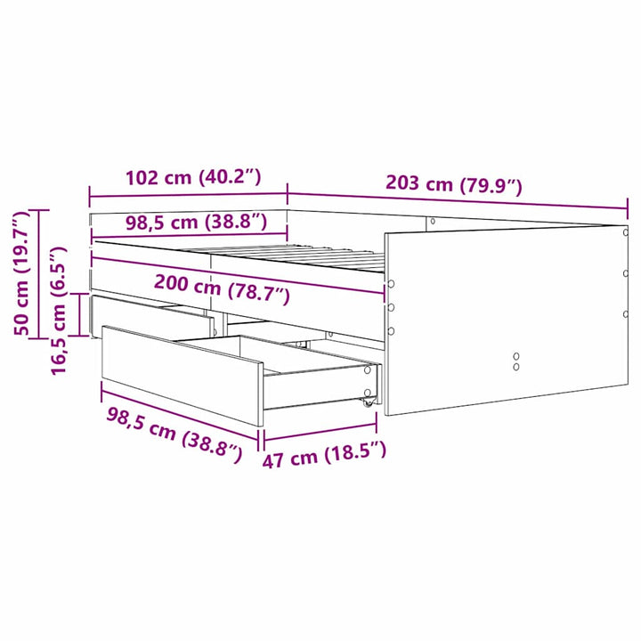 Sengestel med skuffe Sort eg 100 x 200 cm Massiv fyrretræ