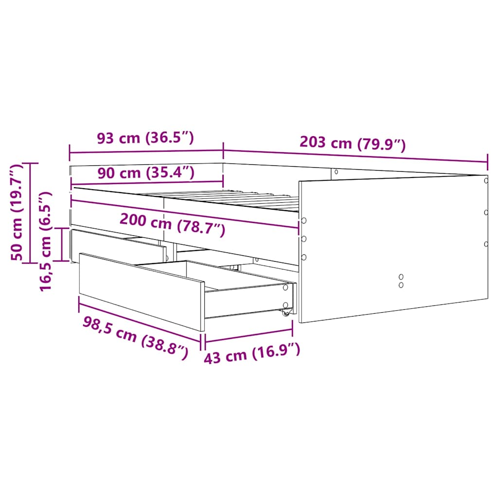 Sengestel med skuffe Gammelt træ 90 x 200 cm Massiv fyrretræ