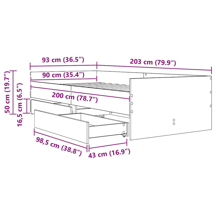 Sengestel med skuffe Gammelt træ 90 x 200 cm Massiv fyrretræ