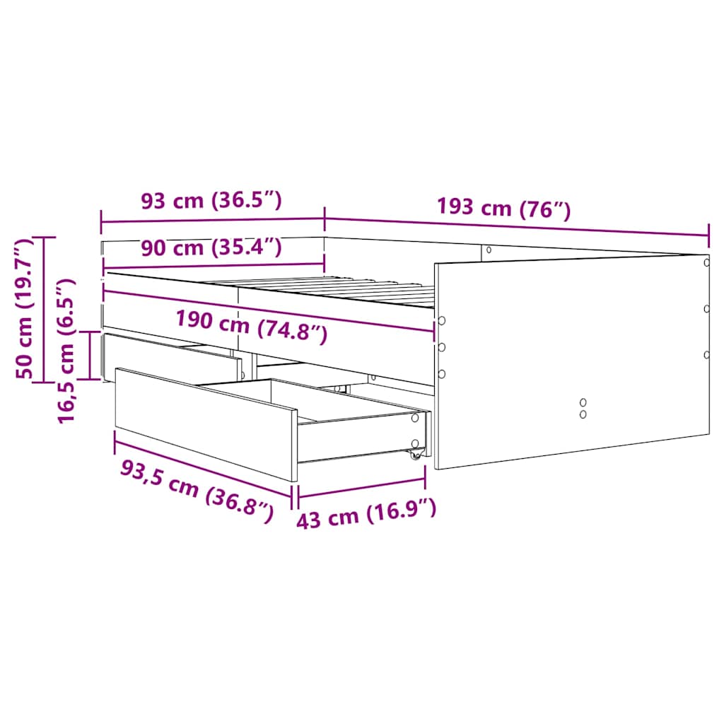 Sengestel med skuffe Sort eg 90 x 190 cm Massiv fyrretræ
