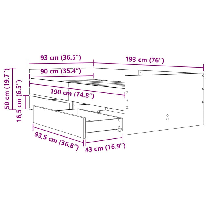 Sengestel med skuffe Sort eg 90 x 190 cm Massiv fyrretræ