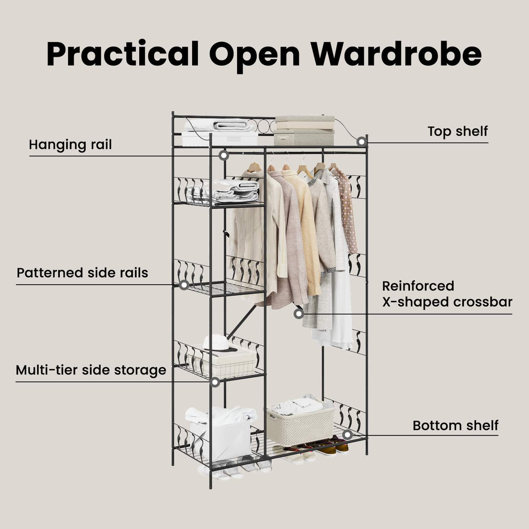 Åben Garderobe med hylde Sort 101 x 43 x 188 cm Stål